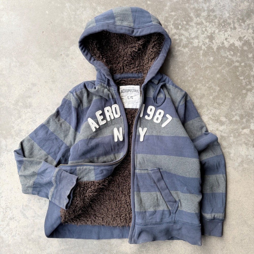 Aeropostale Mens Striped Faux Fur Lined Full Zip Hoodie Blue Gray Large 1987 NY